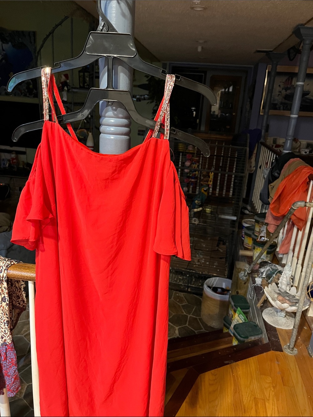 MSK Red Asymmetrical Cold-Shoulder Dress with Embellished Straps